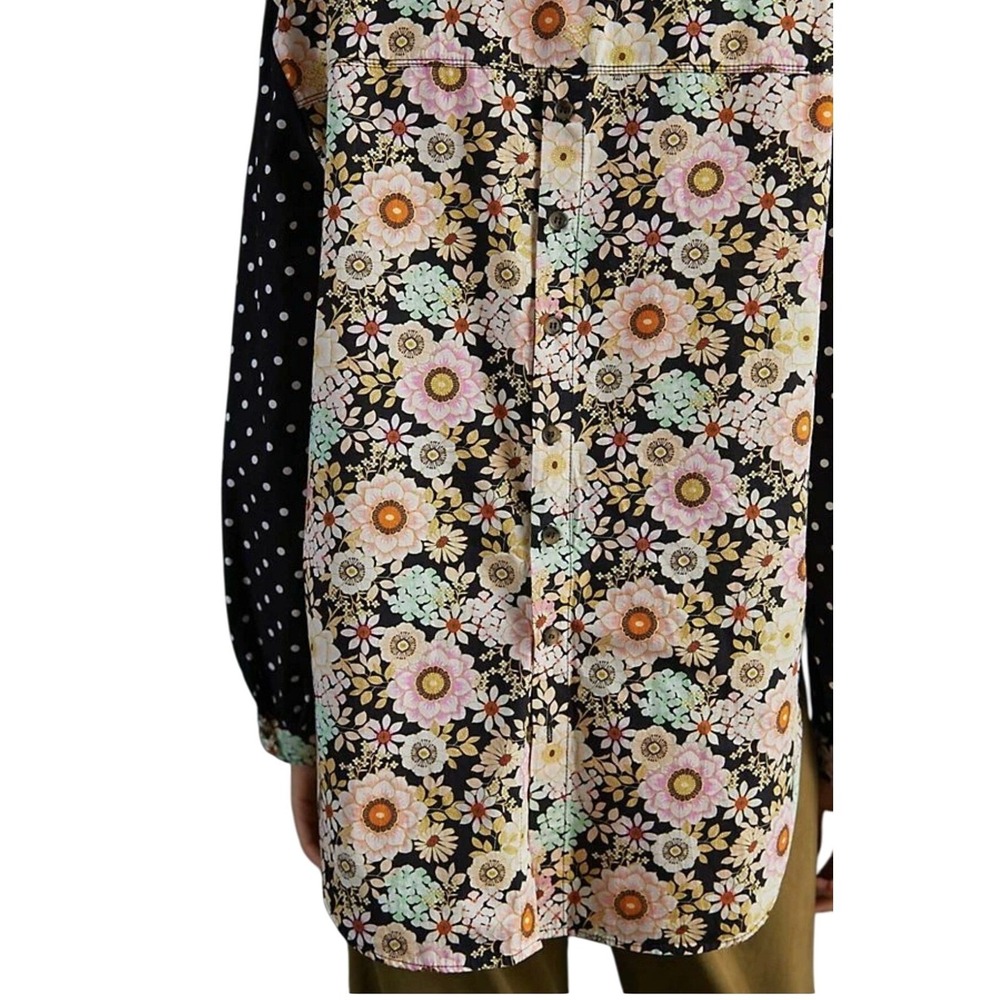 Maeve Anthropologie Mixed Print Top Small Black Floral Polka Dot Button Back - Picture 4 of 13